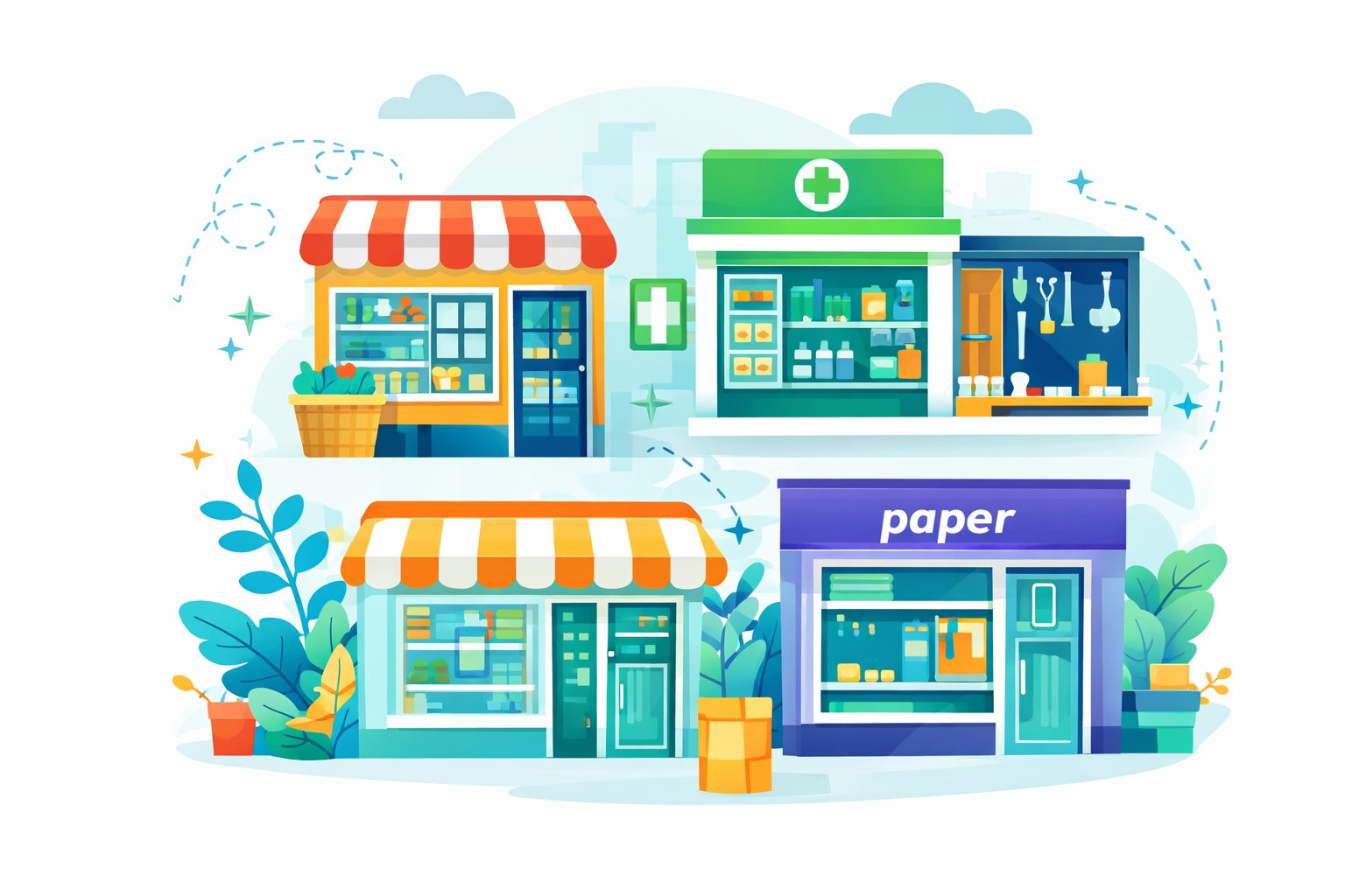 Cuatro locales de barrio: almacén, farmacia, ferretería y papelería