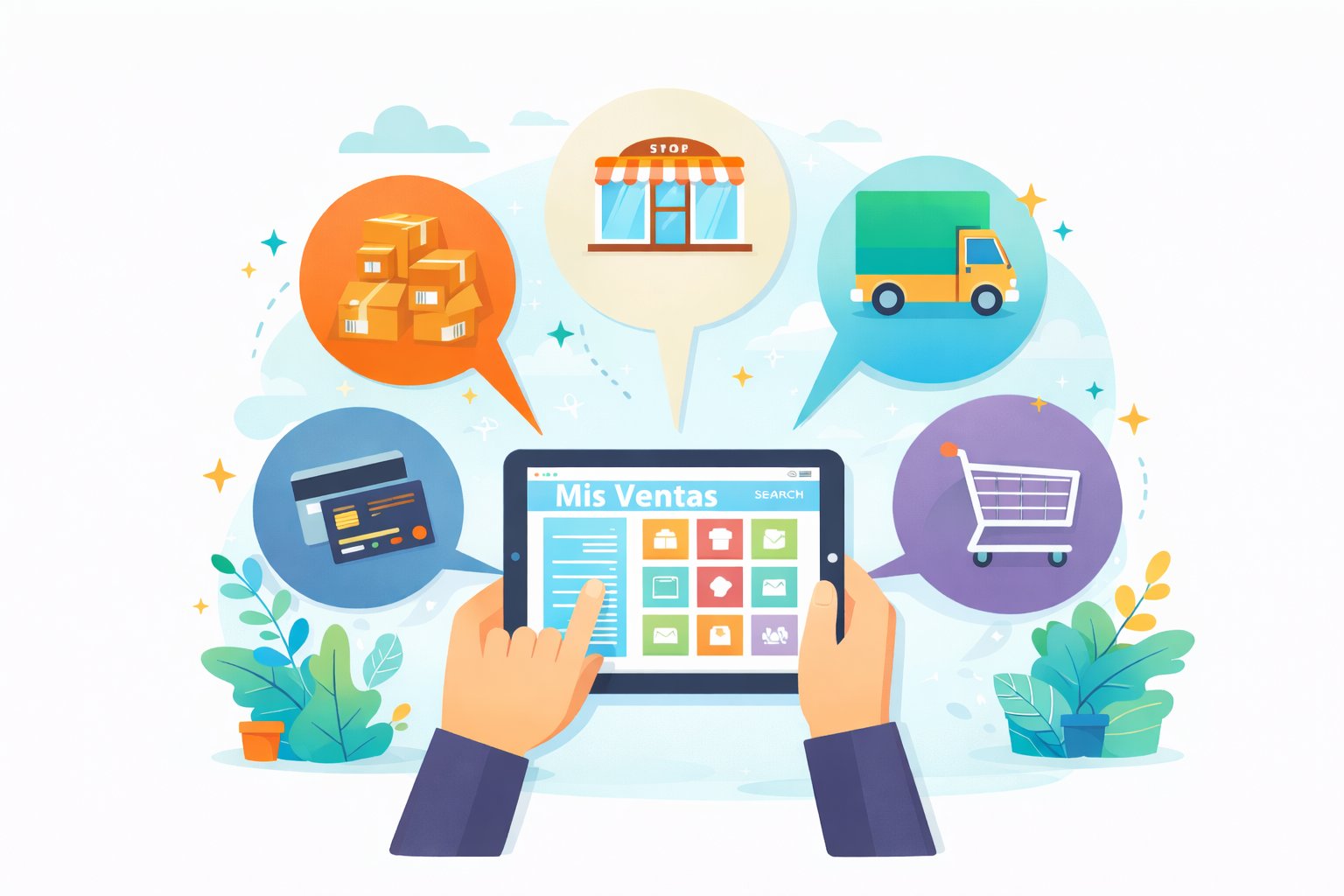 Manos sosteniendo una tablet con el panel Mis Ventas, rodeada de íconos de pedidos, local, despacho, pago y carro de compras