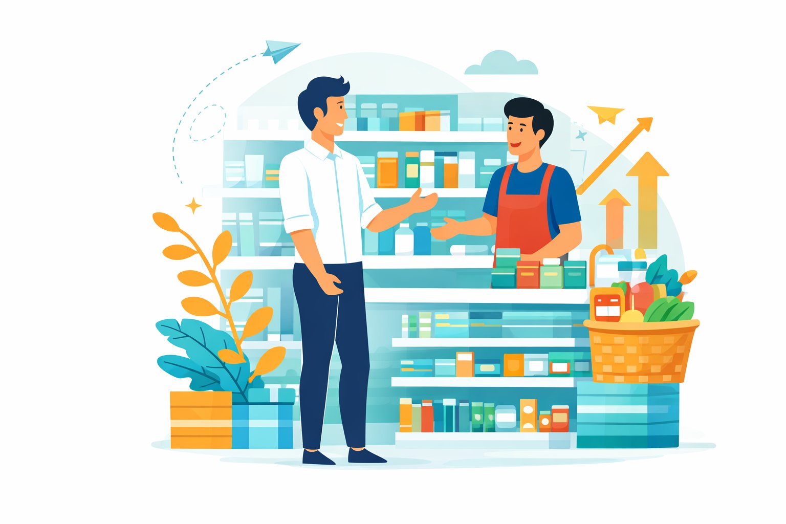 Vendedor comisionista atendiendo a un almacenero tras el mostrador, entre estanterías con productos